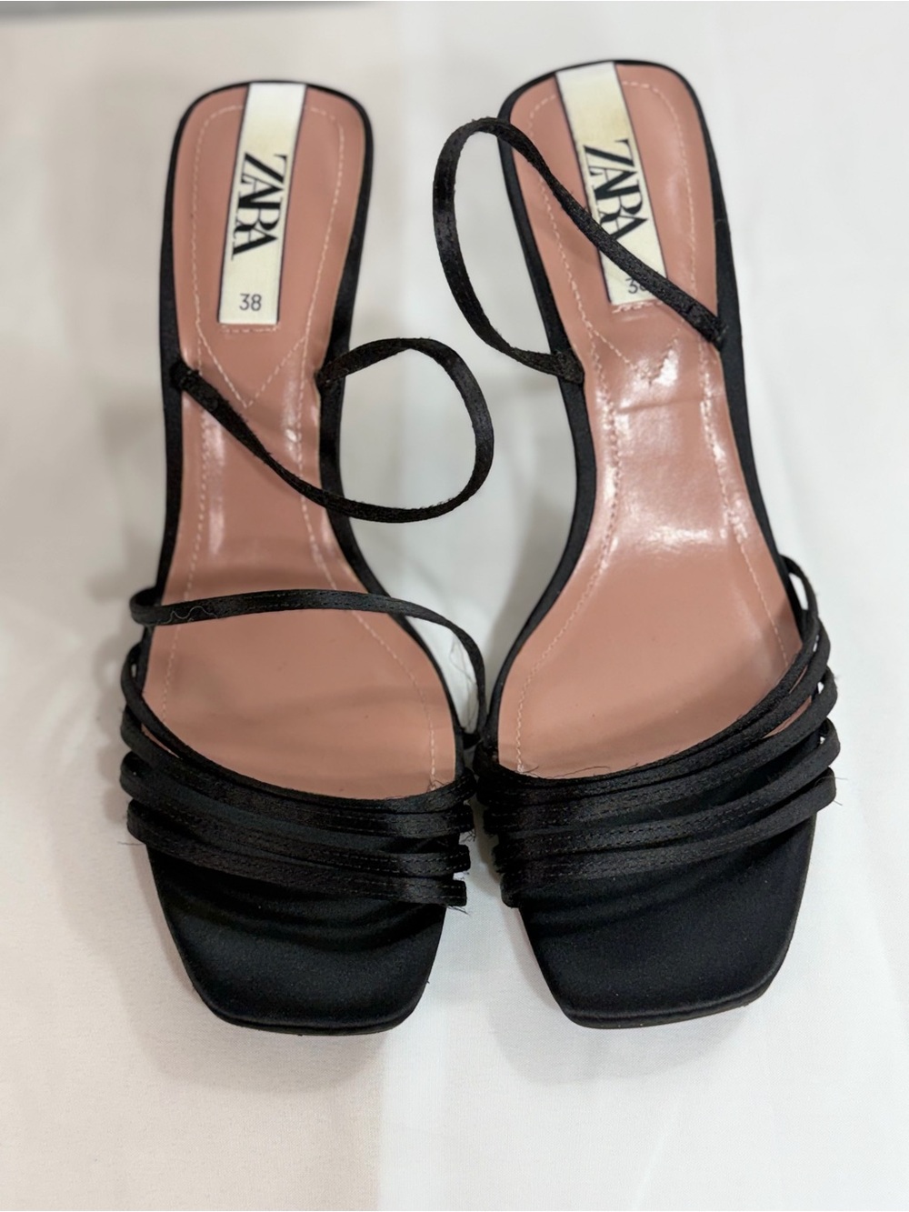 Zara Black Strappy Square-Toe Heeled Sandals with Ankle Tie